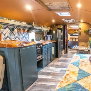 Adorable DIY School Bus Tiny House - Shower, Toilet & Double Work Desks