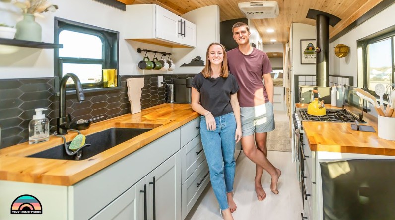 Couple's DIY Raised Roof 40 Ft School Bus Tiny House — Clean & Light Design
