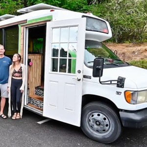 Young couple’s DIY shuttle bus tiny house