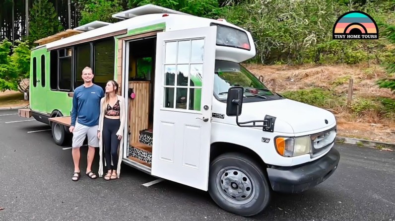 Young couple’s DIY shuttle bus tiny house